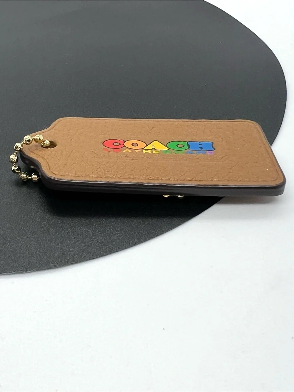 Coach Rainbow Pride Leatherware Hang Tag Bag Charm Saddle Brown Gold EUC